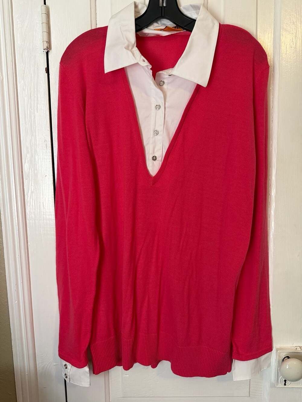 Tory Burch Women's Layered Look V-Neck Sweater Pink White XL